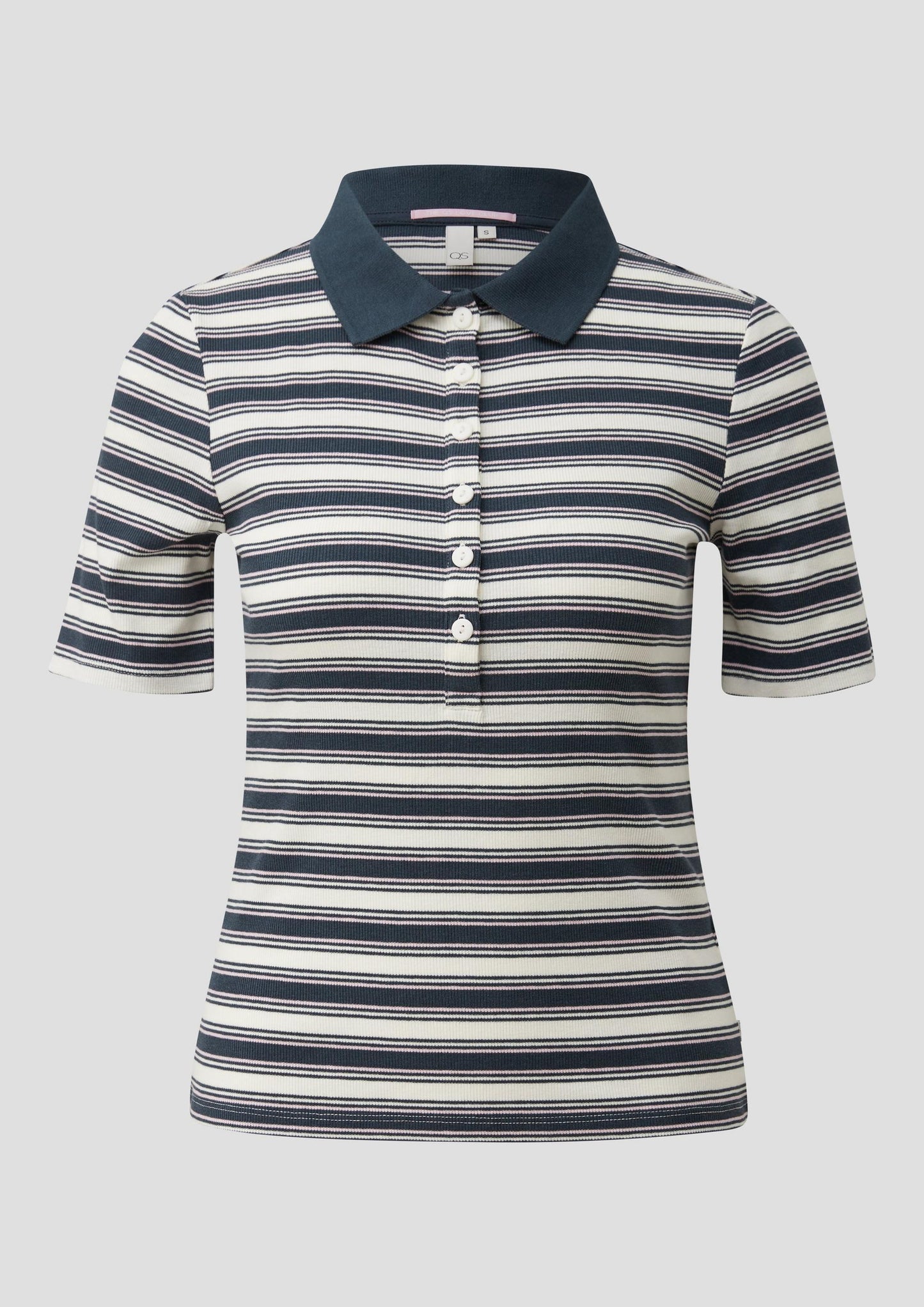 QS - Geripptes Poloshirt mit Ringelmuster - Farbe: Tiefblau