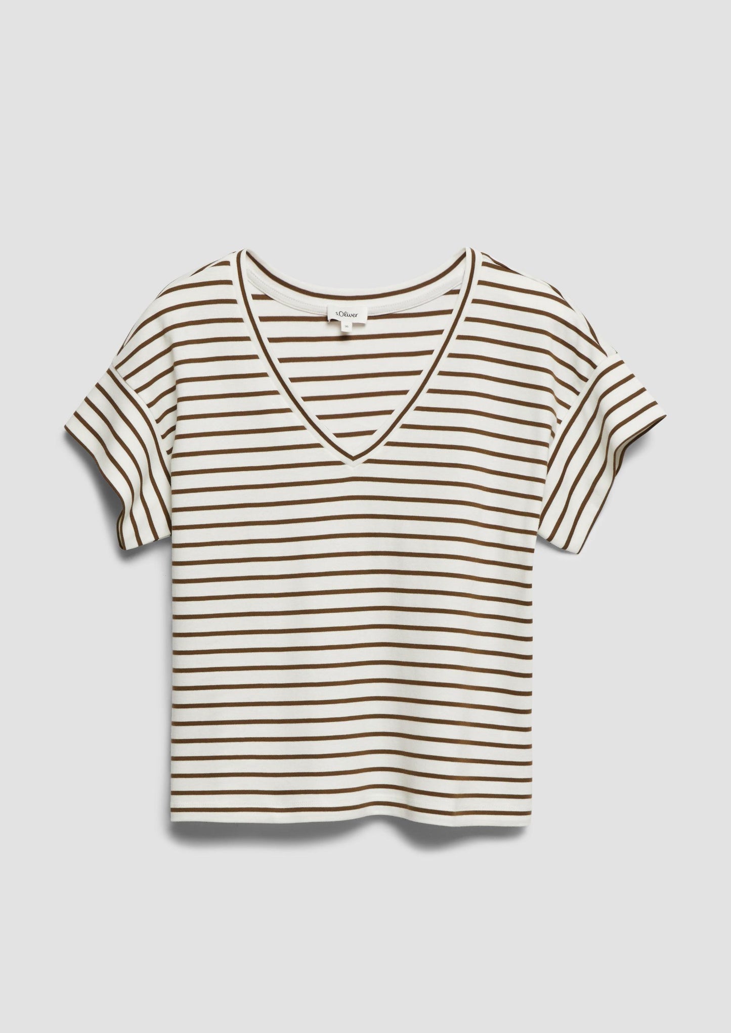 s.Oliver - Gestreiftes Jersey-T-Shirt mit V-Ausschnitt - Farbe: Dunkelbraun