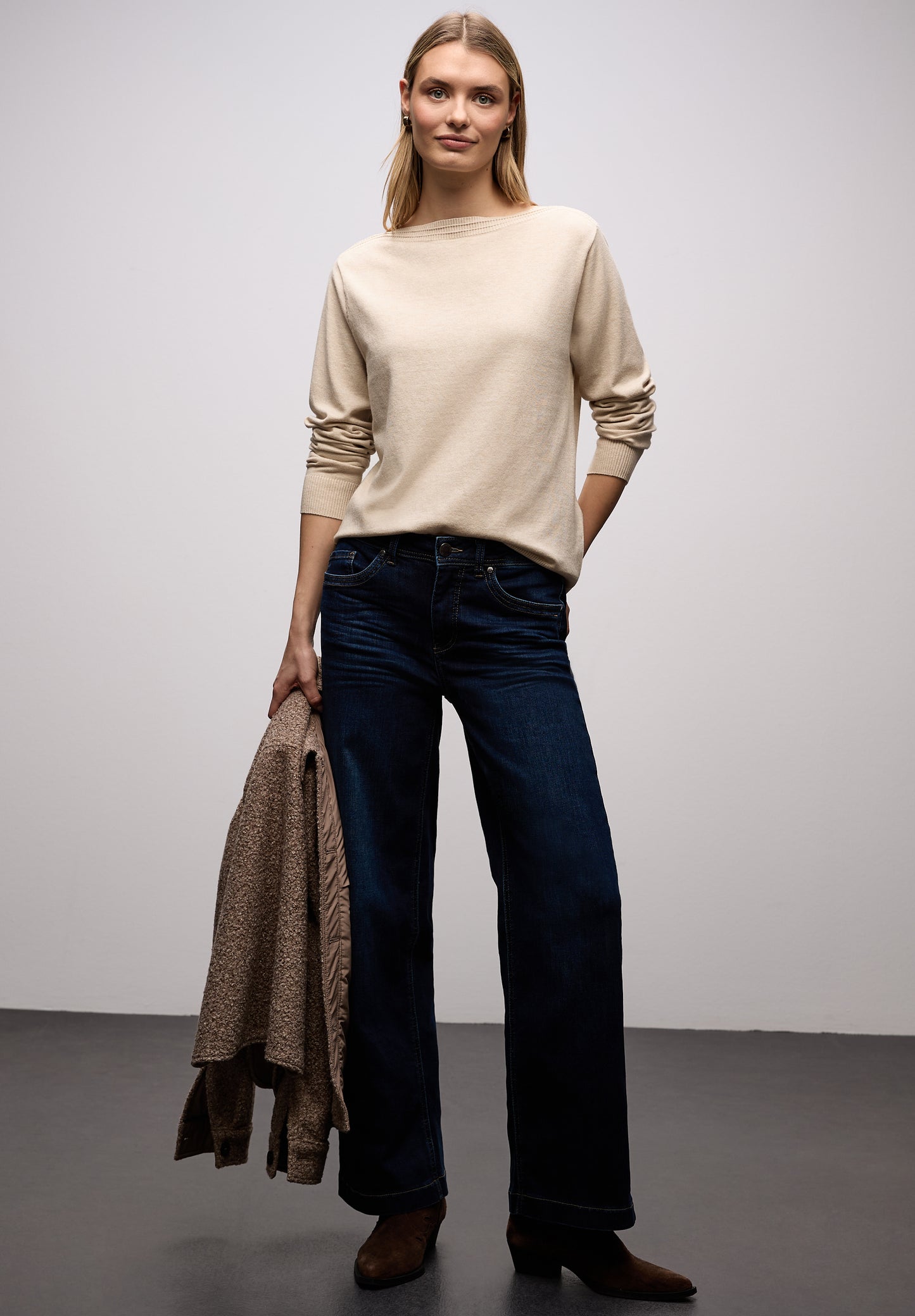Street One - Basic U-Boot Pullover - Farbe: cotton beige mel.