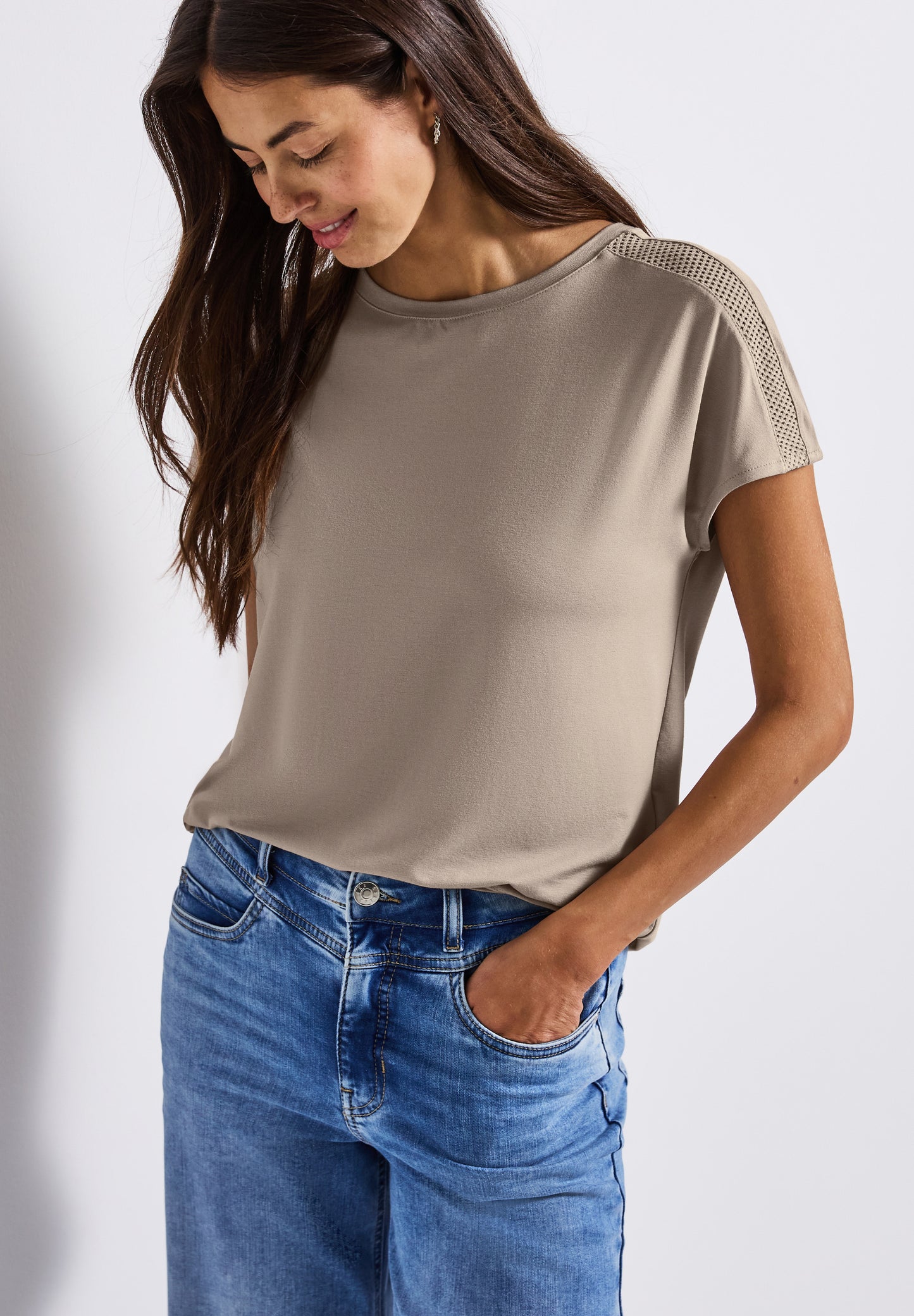Street One Jersey-Shirt mit Mesh-Detail - Farbe: morning beige