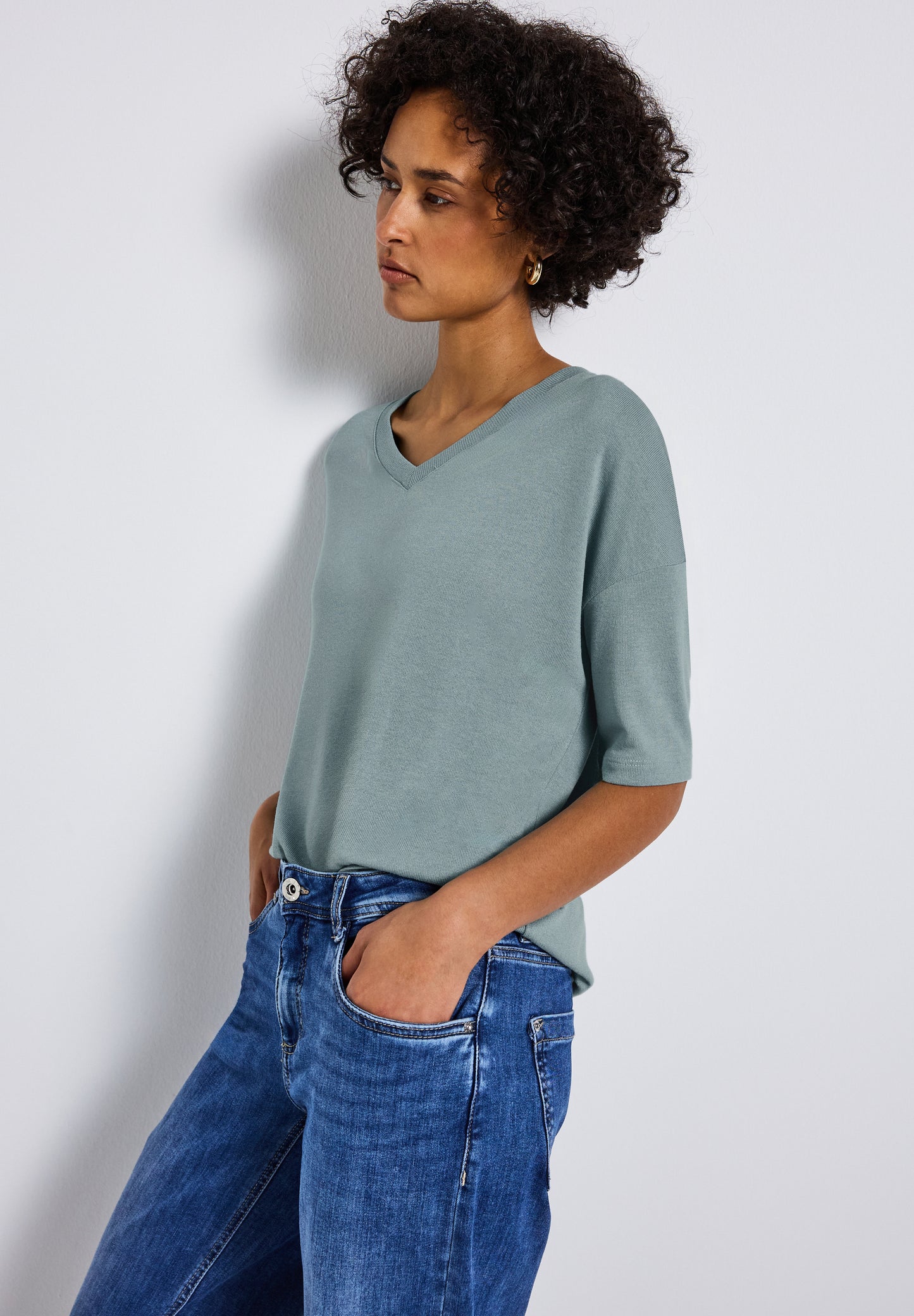 Street One Strick-Look V-Neck T-Shirt - Farbe: arona blue