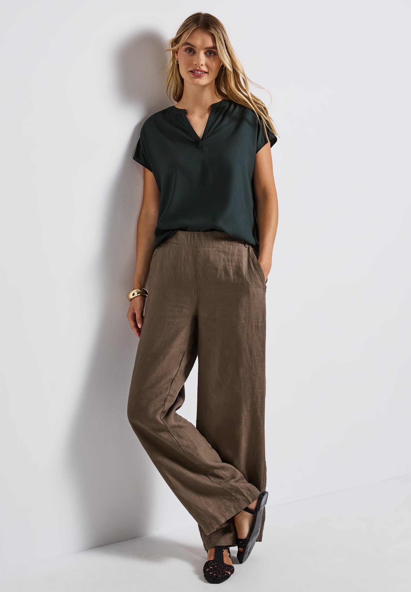 Street One Split Neck Bluse in Unifarbe - Farbe: pine grove green