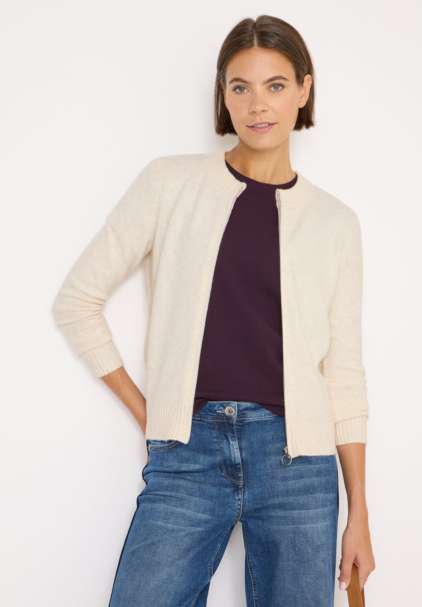 CECIL Cosy Cardigan mit Zipper - Farbe: oat milk beige melange