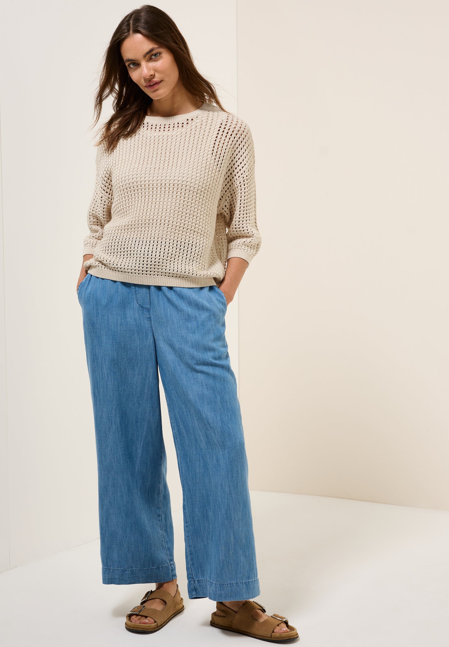 CECIL Pullover im HĂ€kel-Optik - Farbe: pearl beige mel.