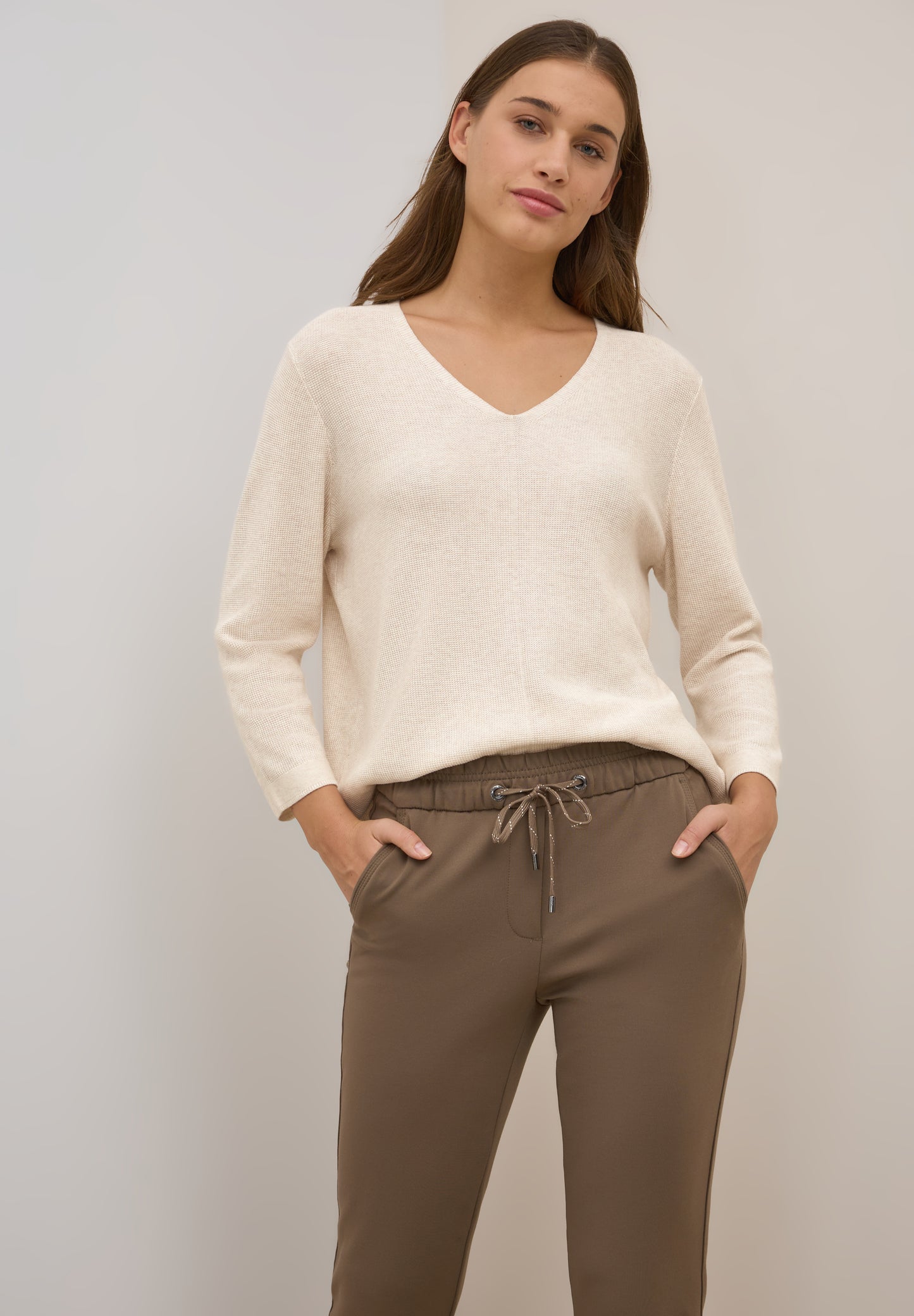 CECIL V-Neck Strickpullover - Farbe: oat milk beige melange