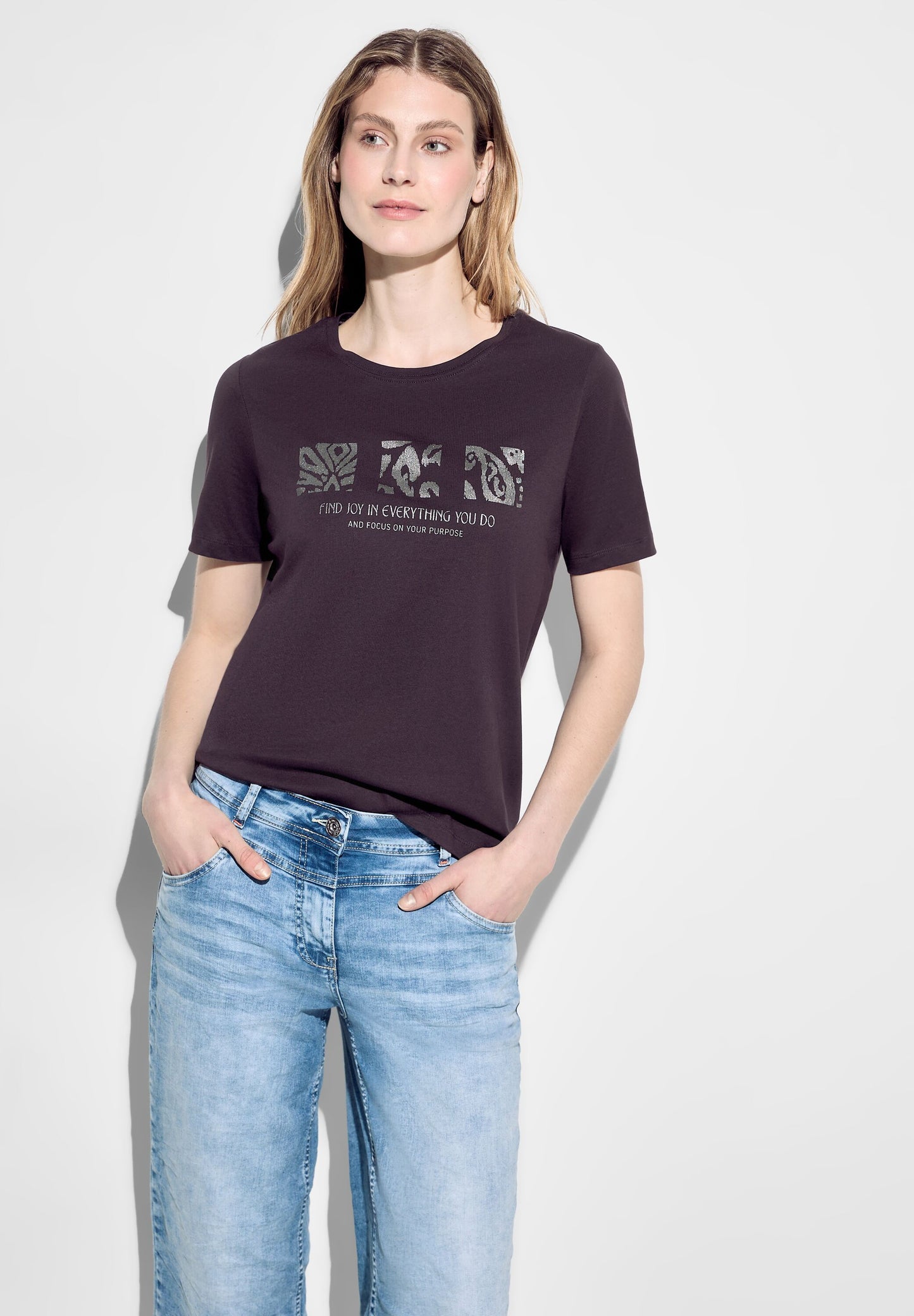 CECIL - T-Shirt mit Schimmer Print - aubergine rot