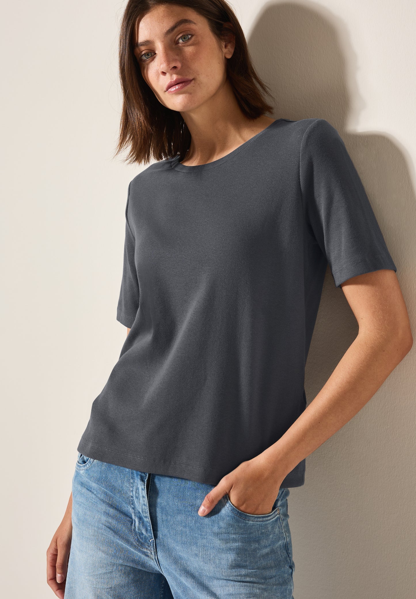 CECIL Basic Rippstruktur T-Shirt - Farbe: volcanic grey