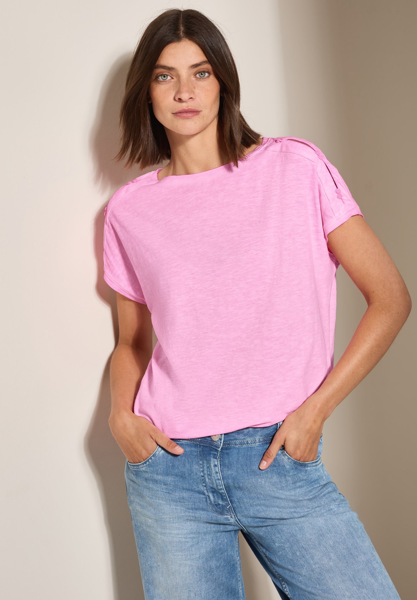 CECIL T-Shirt mit Knopfdetail - Farbe: fresh neon pink
