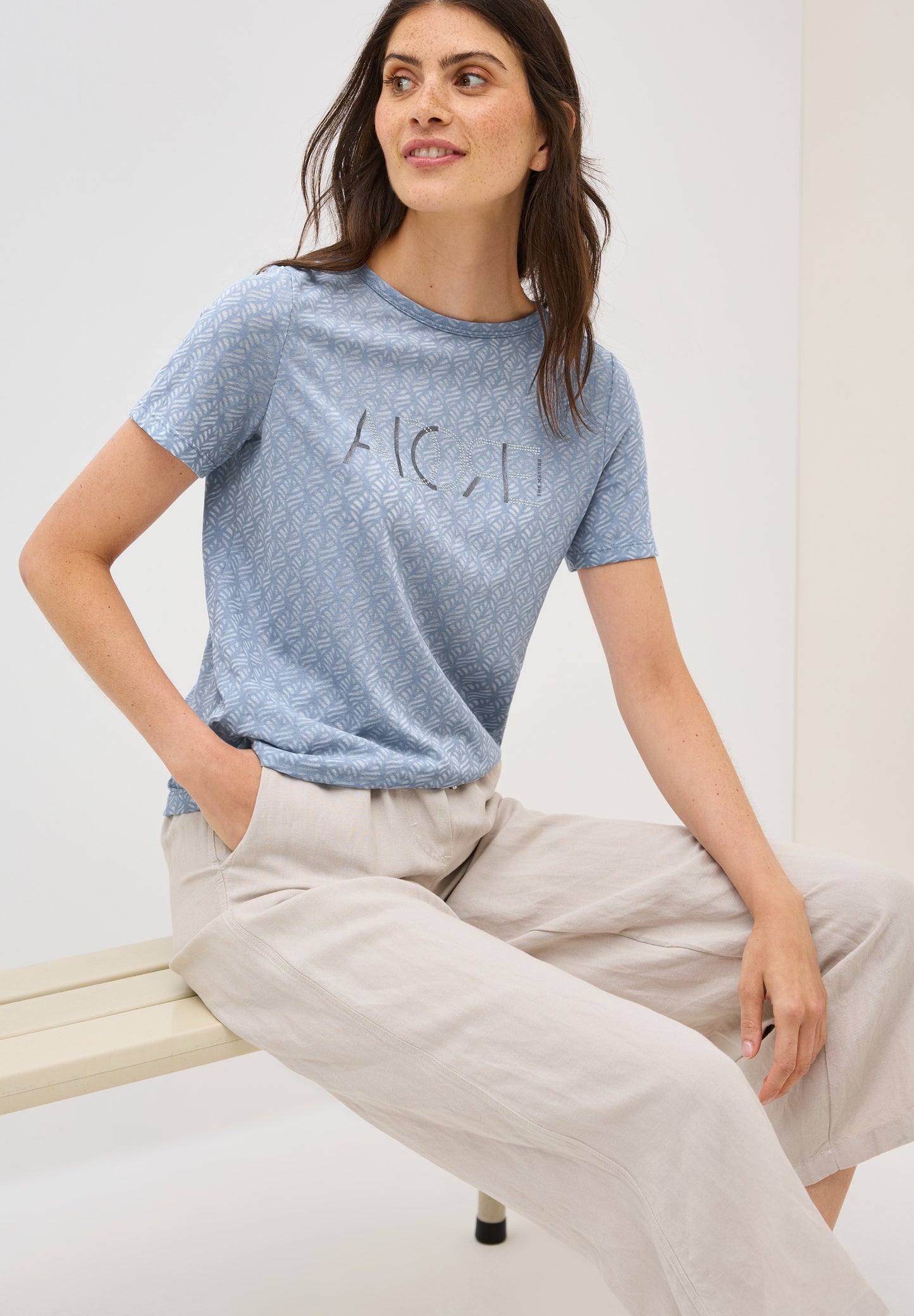 CECIL Ausbrenner-Shirt mit Wording - Farbe: Hellblau