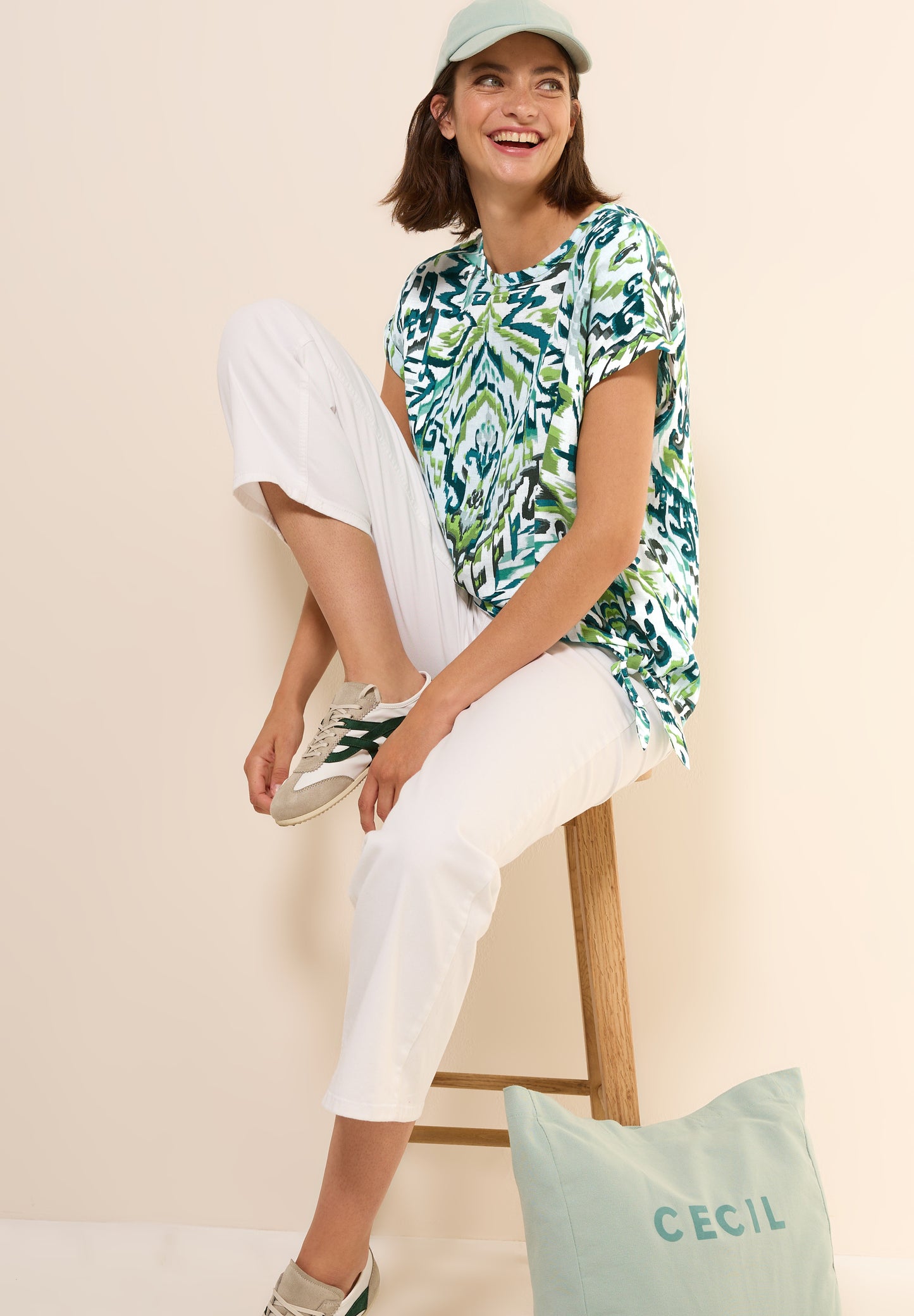 CECIL Gemusterte Leinenmix Bluse - Farbe: green lagoon