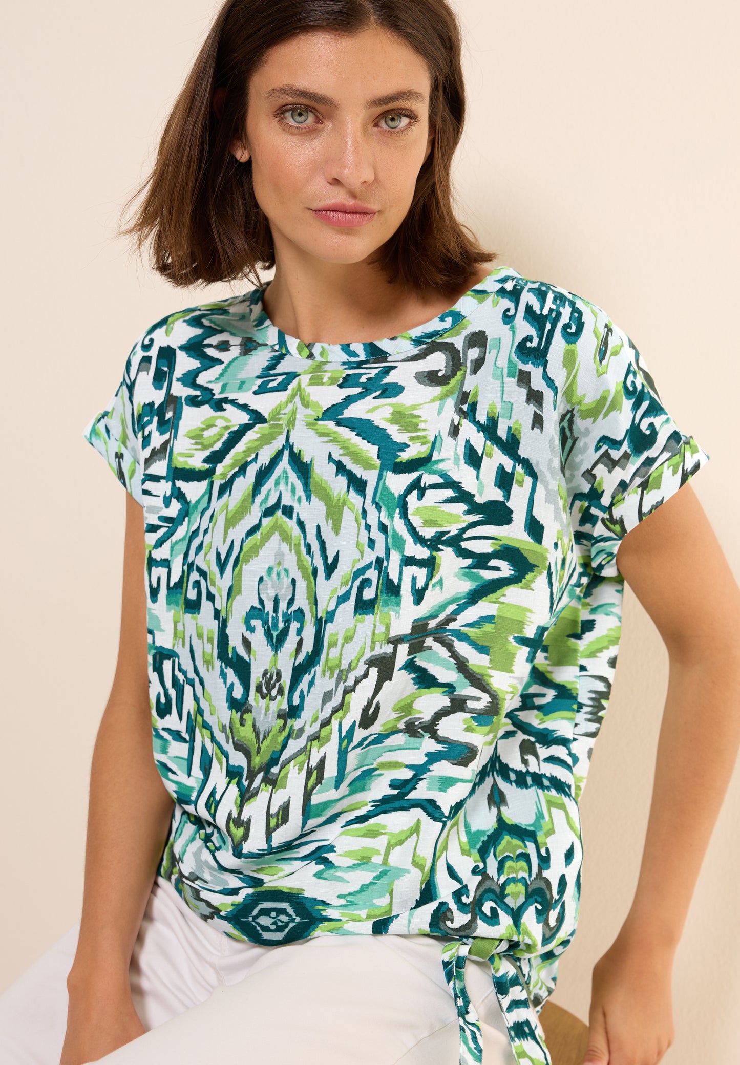 CECIL Gemusterte Leinenmix Bluse - Farbe: green lagoon