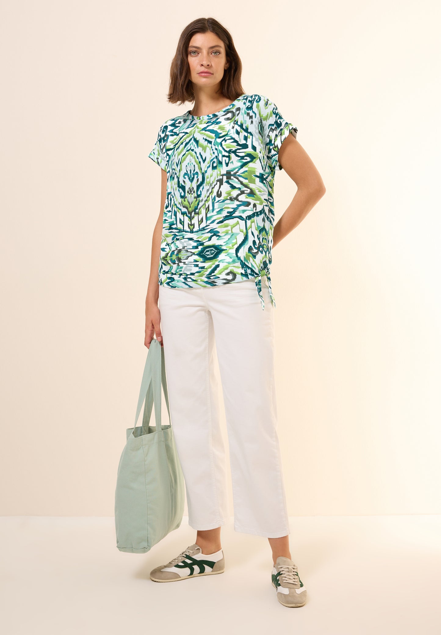 CECIL Gemusterte Leinenmix Bluse - Farbe: green lagoon