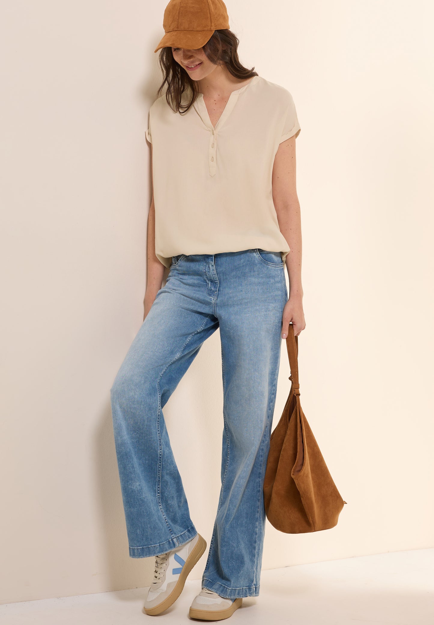 CECIL Kurzarmbluse in Unifarbe - Farbe: pearl beige