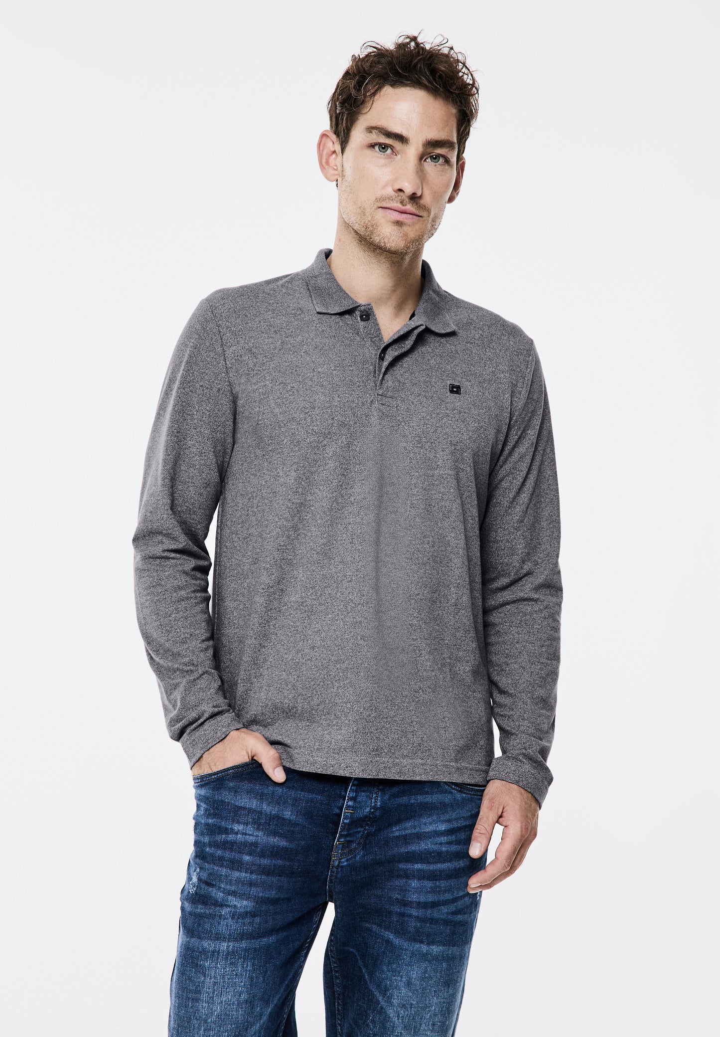 Street One MEN Pique-Langarmpolo - Farbe: steel grey