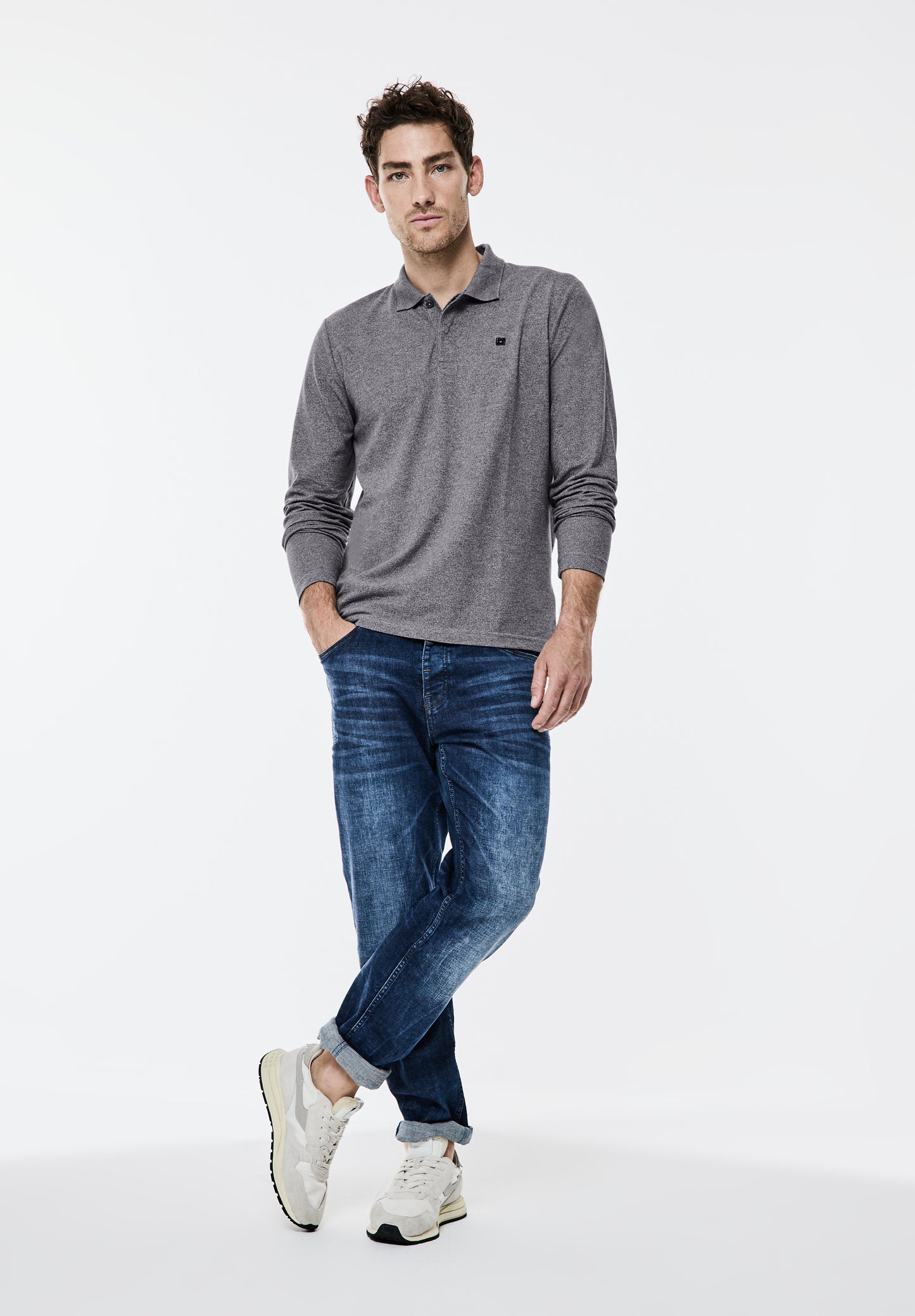 Street One MEN Pique-Langarmpolo - Farbe: steel grey