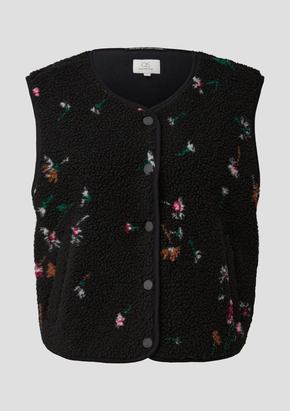 QS - Flauschige Teddyweste mit All-over-Print - Farbe: Schwarz, Mehrfarbig schwarz, mehrfarbig