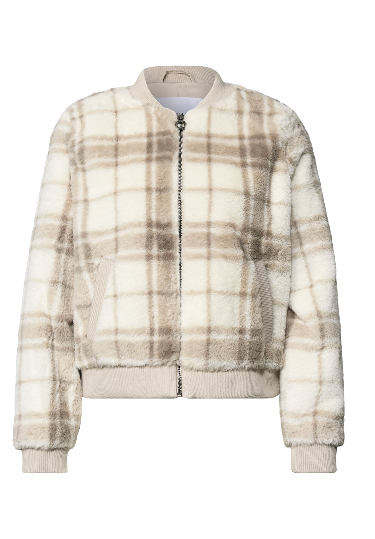 Street One Damen Fake-Fur-Blouson mit Strickdetails und Print - Beige pure beige