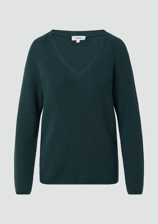 s.Oliver - Strickpullover aus Baumwollmix mit V-Ausschnitt - Farbe: tannengruen