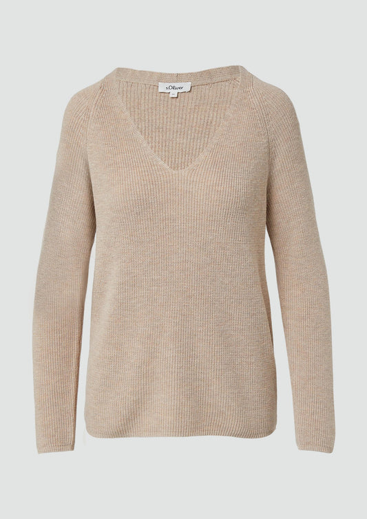 s.Oliver - Strickpullover aus Baumwollmix mit V-Ausschnitt - Farbe: beige