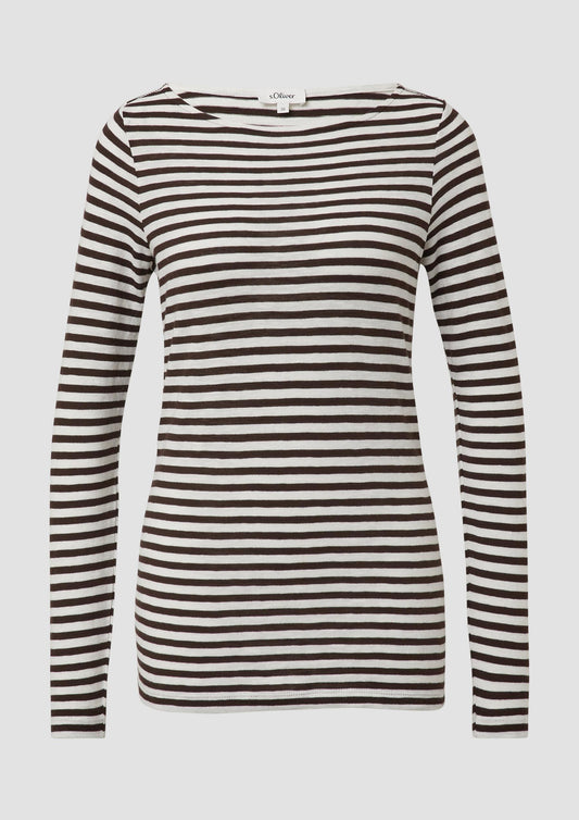 s.Oliver - Longsleeve in Streifen-Optik mit U-Bootausschnitt - Farbe: Dunkelbraun