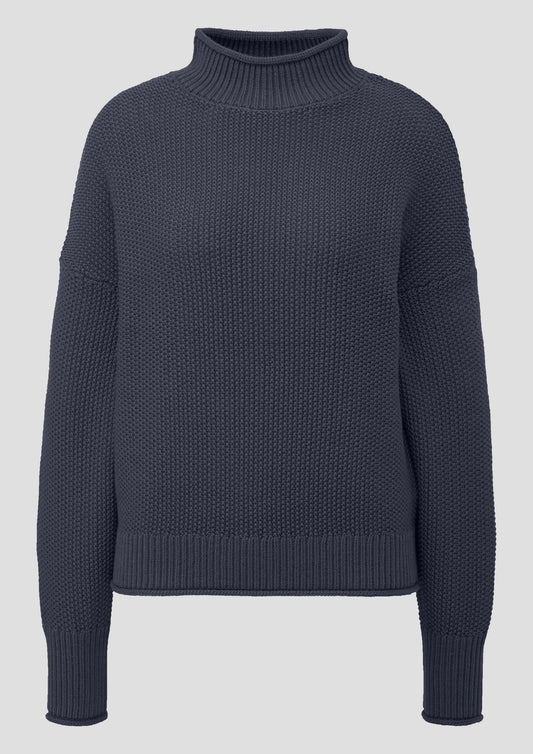 QS - Strickpullover mit Stehkragen aus Baumwollmix - Farbe: Tiefblau