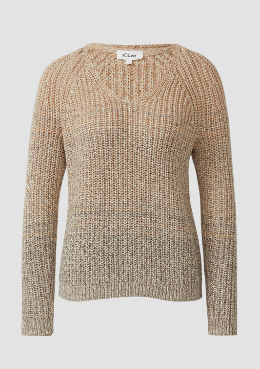 s.Oliver - Strickpullover mit V-Ausschnitt und Farbverlauf - Farbe: Sandstein