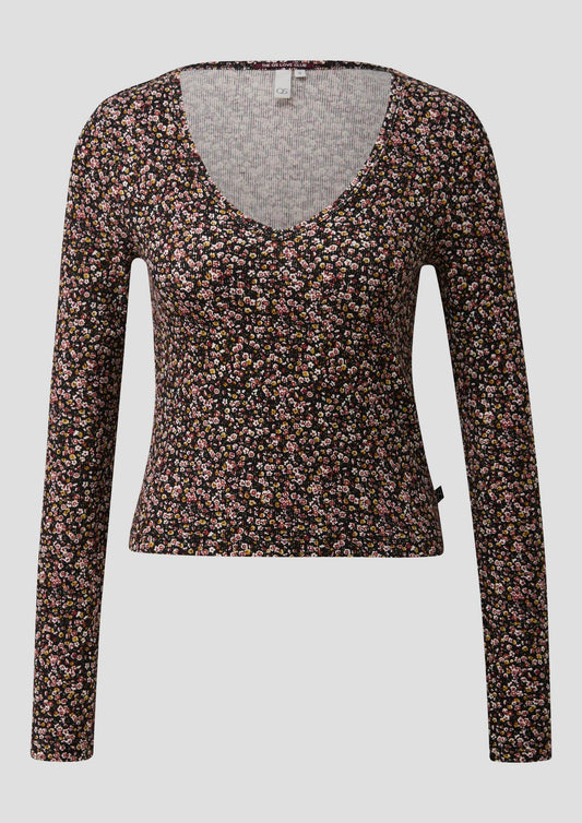 QS - Geripptes T-Shirt aus Viskosemix mit All-over-Print - Farbe: Schwarz