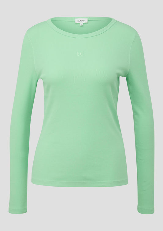 s.Oliver - Geripptes Langarmshirt im Slim Fit mit Stickerei - Farbe: Minze