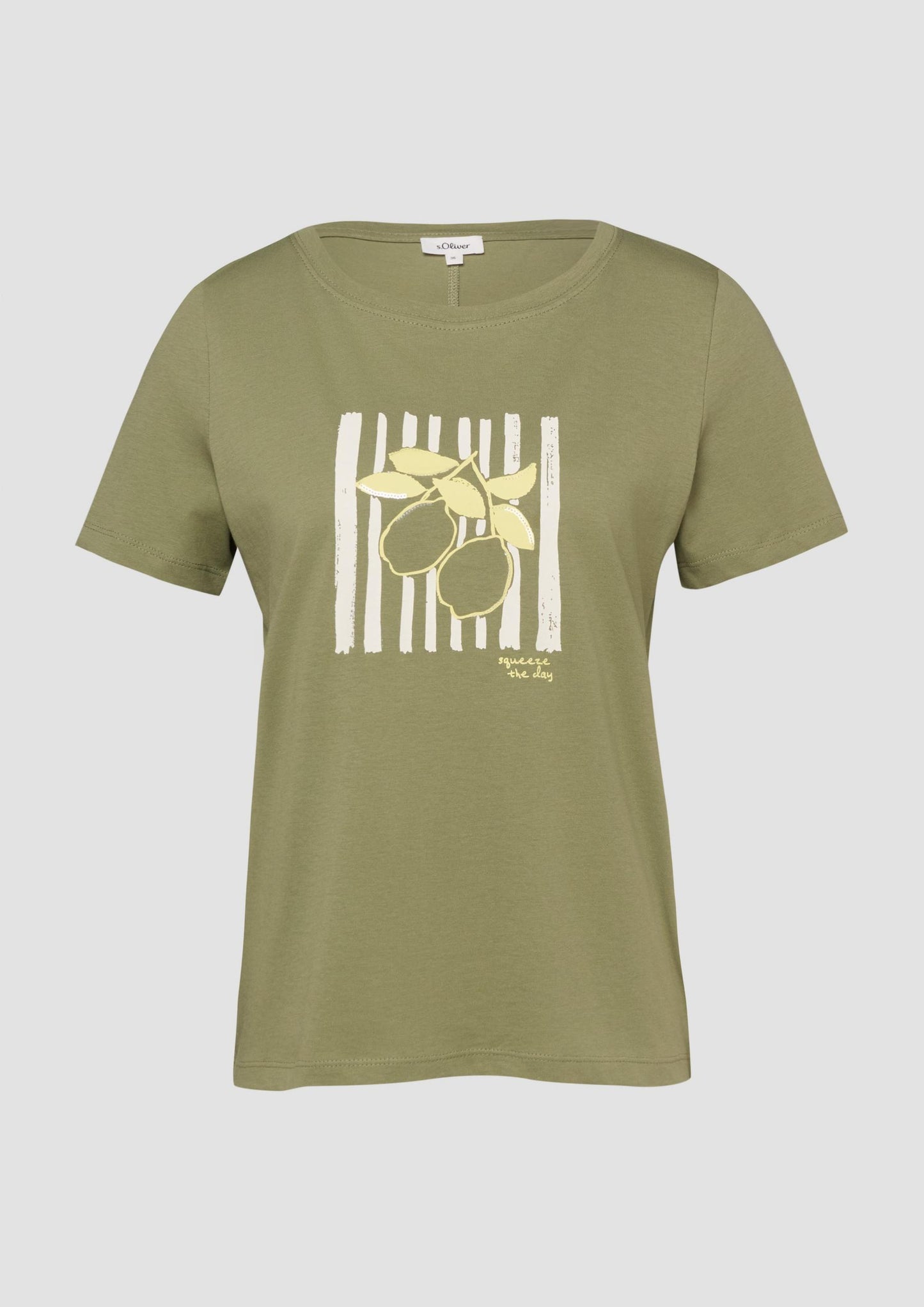 s.Oliver - Baumwoll-T-Shirt mit Frontprint und Pailletten - Farbe: Olivgruen