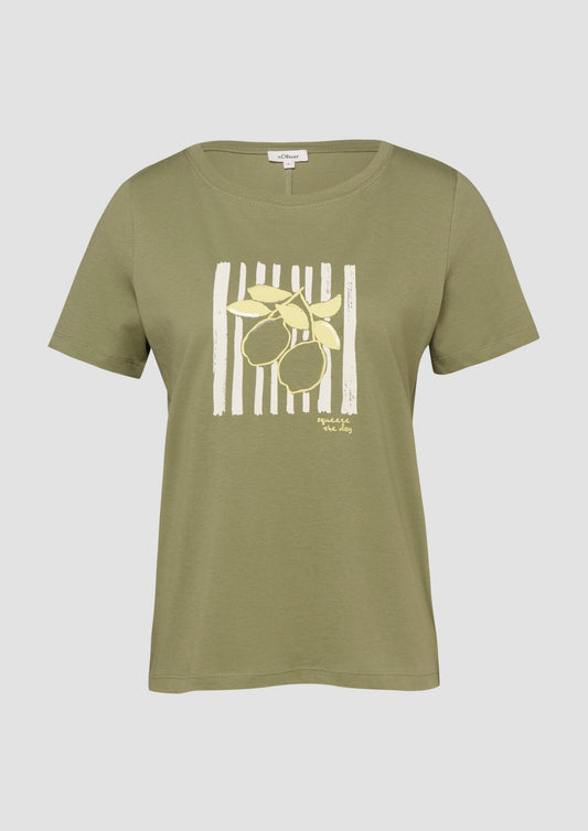 s.Oliver - Baumwoll-T-Shirt mit Frontprint und Pailletten - Farbe: Olivgruen