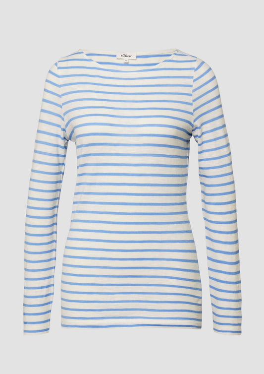 s.Oliver - Gestreiftes Langarmshirt aus Flammgarm mit U-Boot-Ausschnitt - Farbe: Arktisblau