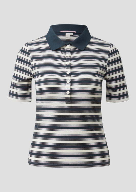 QS - Geripptes Poloshirt mit Ringelmuster - Farbe: Tiefblau