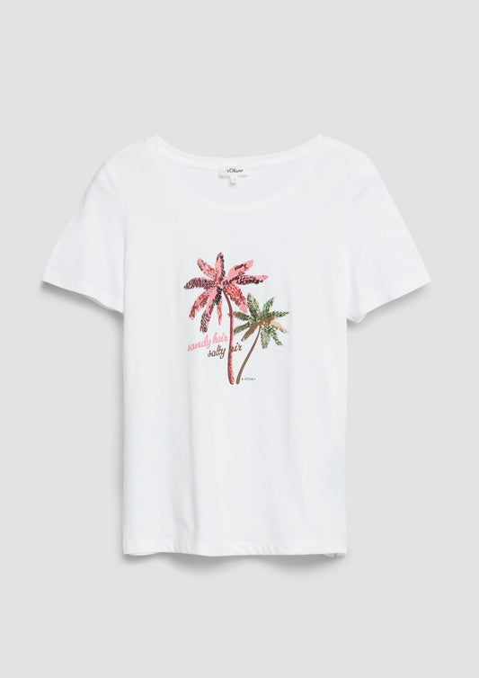 s.Oliver - T-Shirt mit Print und Schmuckdetails - Farbe: Weiss