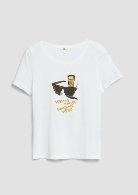 s.Oliver - T-Shirt mit Print und Schmuckdetails - Farbe: Weiss