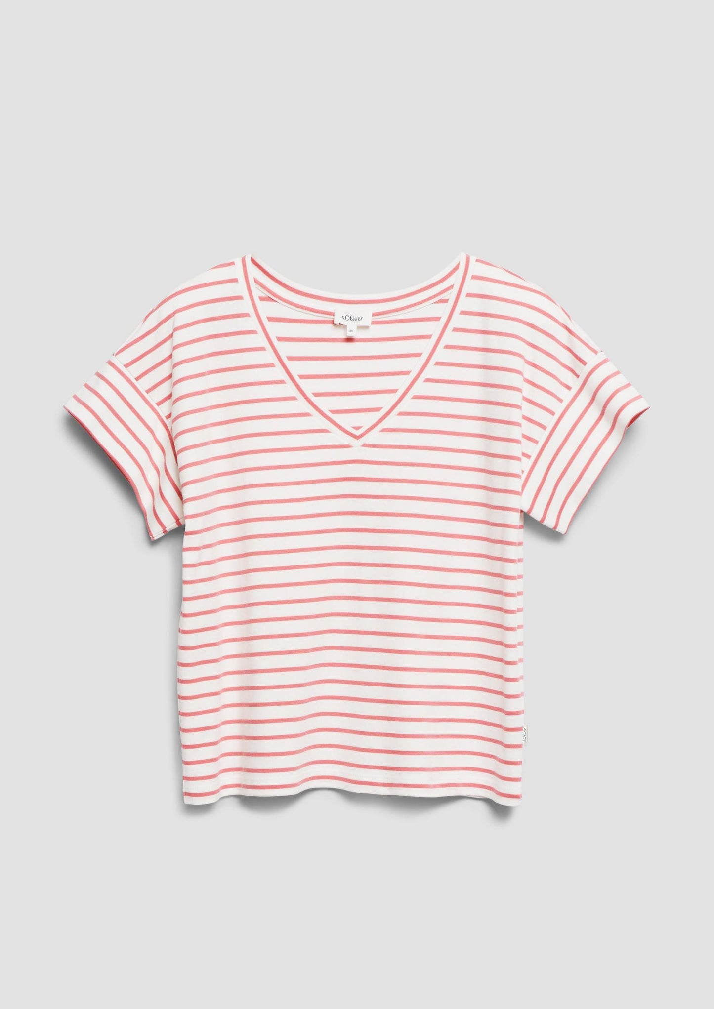 s.Oliver - Gestreiftes Jersey-T-Shirt mit V-Ausschnitt - Farbe: Koralle