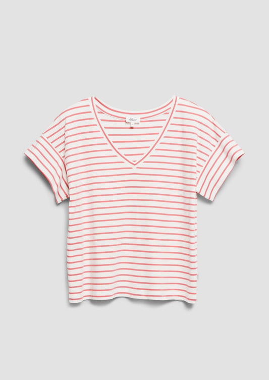 s.Oliver - Gestreiftes Jersey-T-Shirt mit V-Ausschnitt - Farbe: Koralle