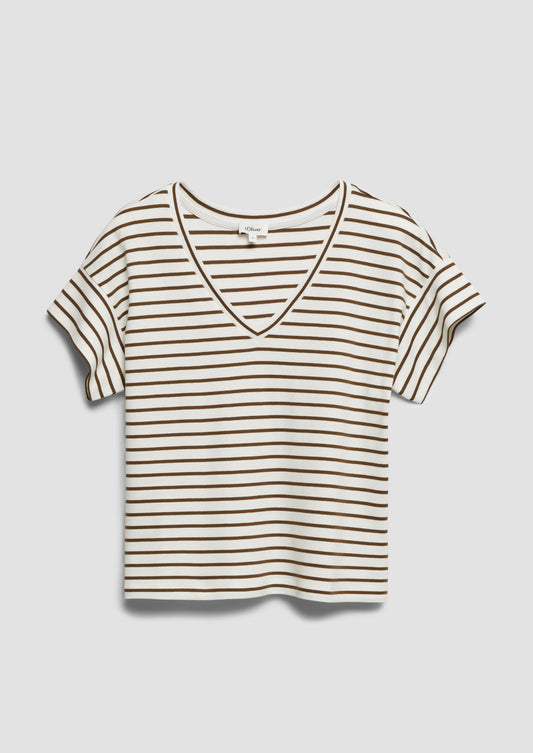 s.Oliver - Gestreiftes Jersey-T-Shirt mit V-Ausschnitt - Farbe: Dunkelbraun