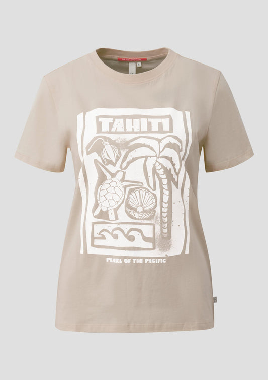 QS - Baumwollshirt mit Frontprint - Farbe: Beige