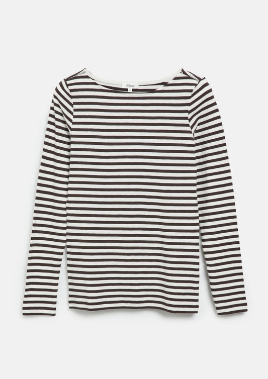 s.Oliver - Gestreiftes Langarmshirt aus Flammgarn mit U-Boot-Ausschnitt - Farbe: Dunkelbraun
