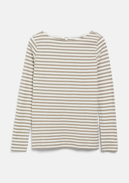 s.Oliver - Gestreiftes Langarmshirt aus Flammgarn mit U-Boot-Ausschnitt - Farbe: Sandfarben