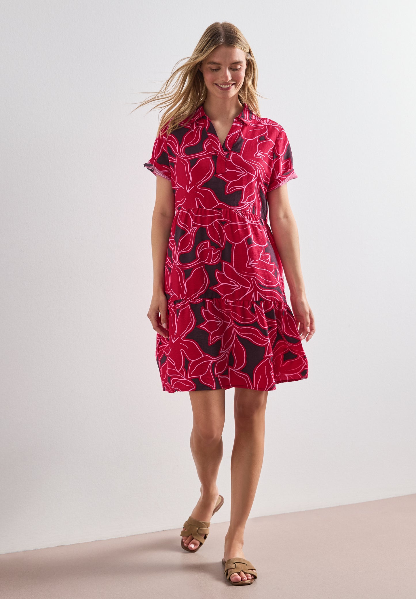 Street One - Knielanges Kleid mit Kurzarm und Print - Farbe: salsa red