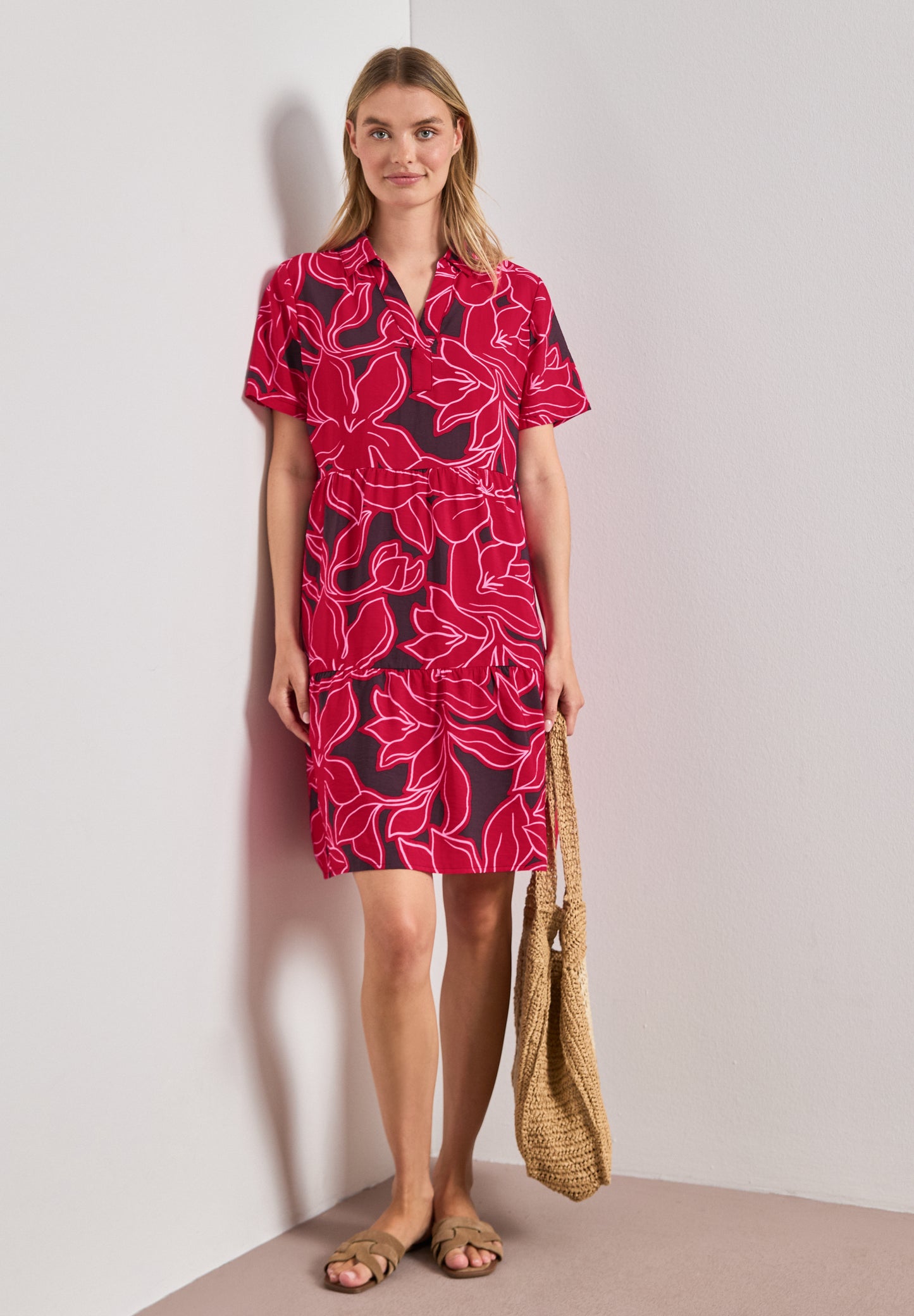 Street One - Knielanges Kleid mit Kurzarm und Print - Farbe: salsa red