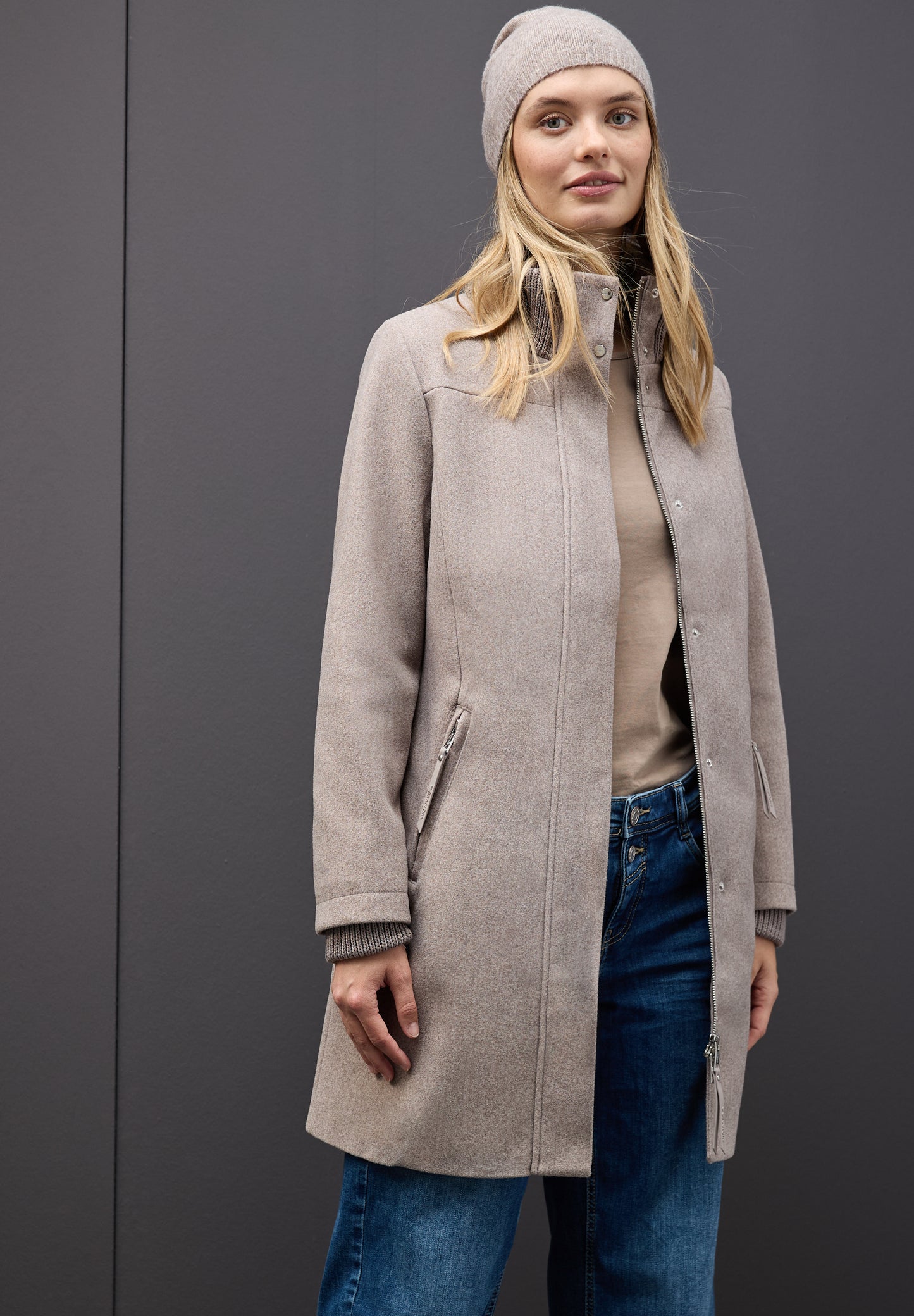 Street One Mantel mit Strickdetails - Farbe: Sandy Mocca Mel.