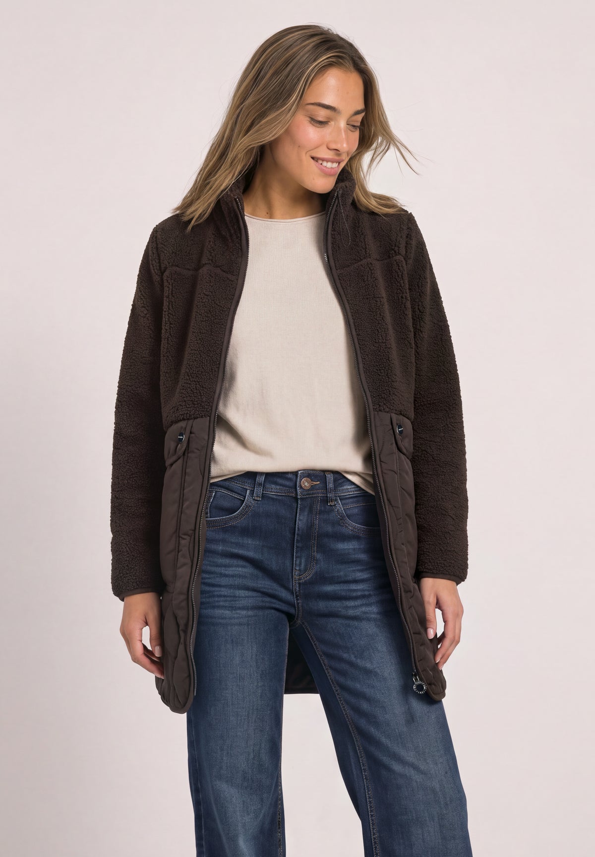 Street One - Mantel Jacke mit Strukturmix und Stehkragen - Farbe: auburn brown