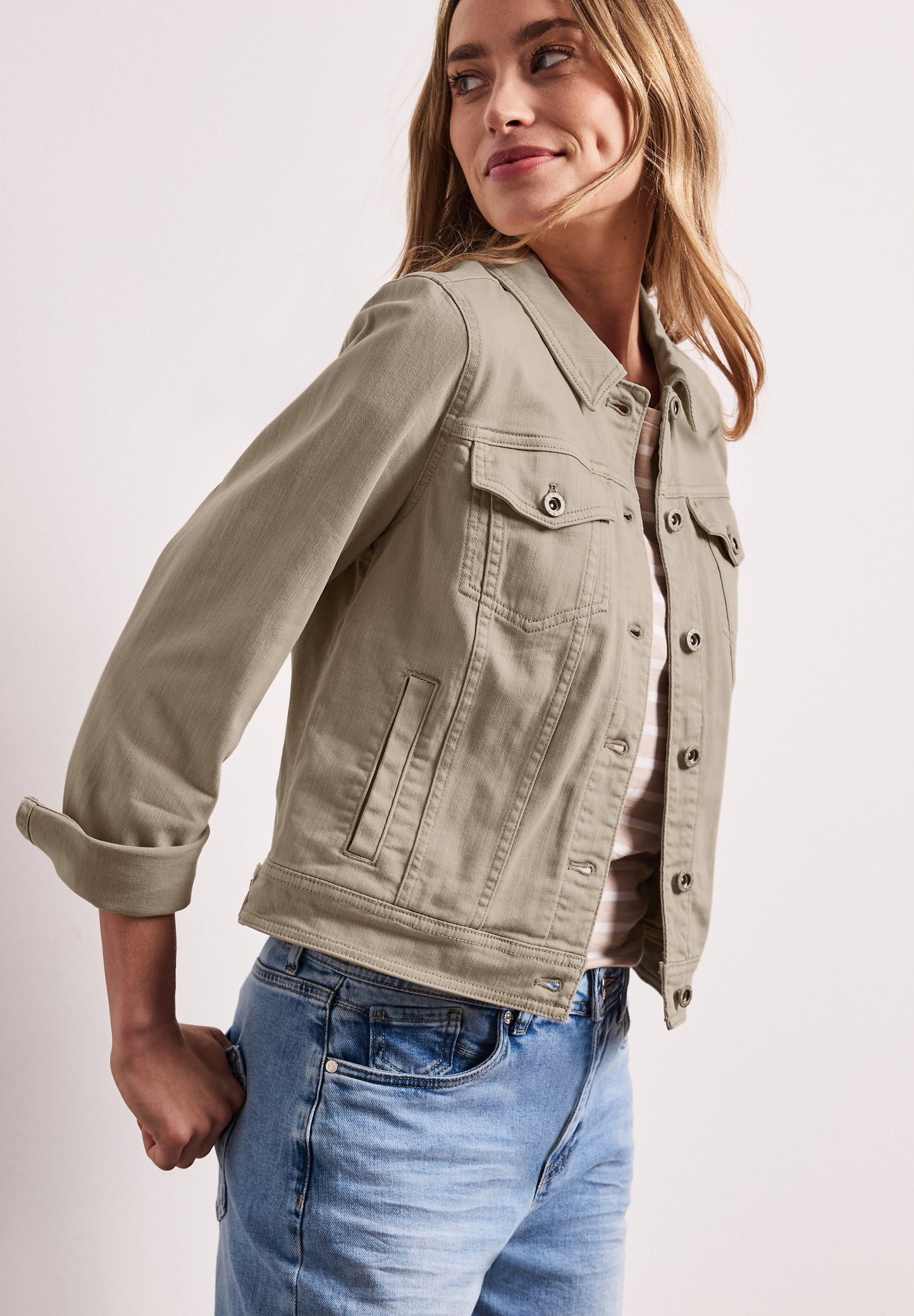 Street One - Jacke im Colored-Denim-Look mit Taschen - Farbe: Beige Washed