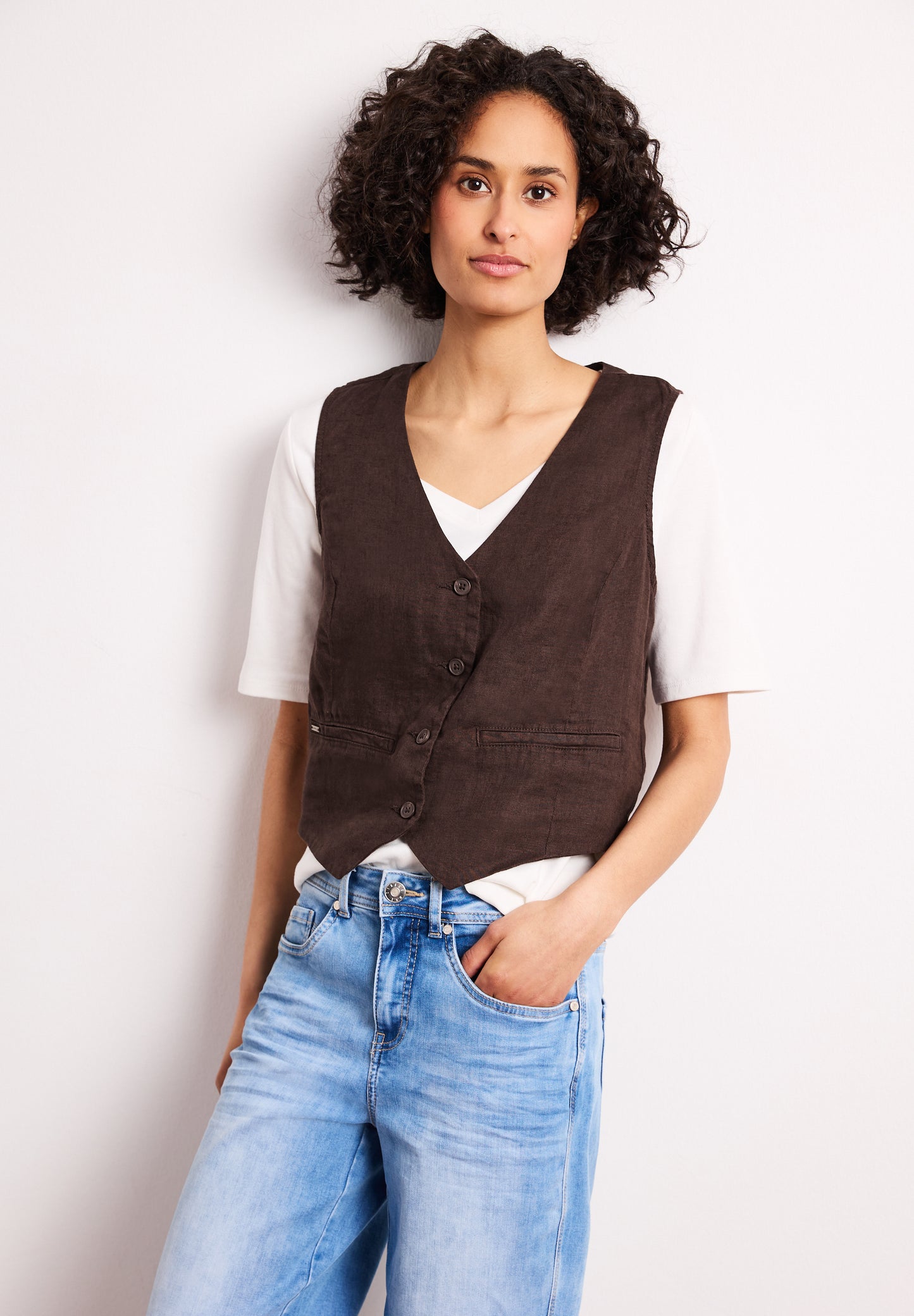 Street One - Weste mit V-Neck aus Leinen - Farbe: espresso brown