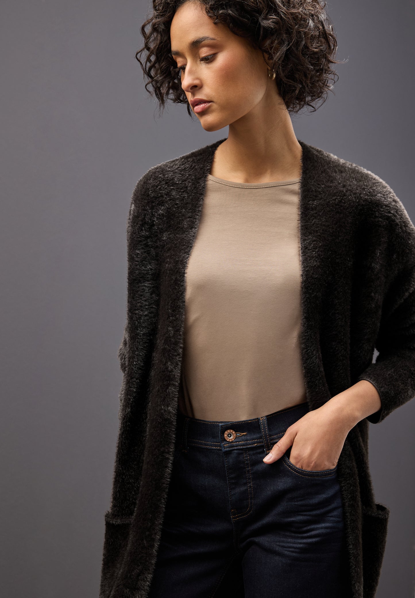 Street One Langer Federgarn Cardigan - Farbe: darkest brown