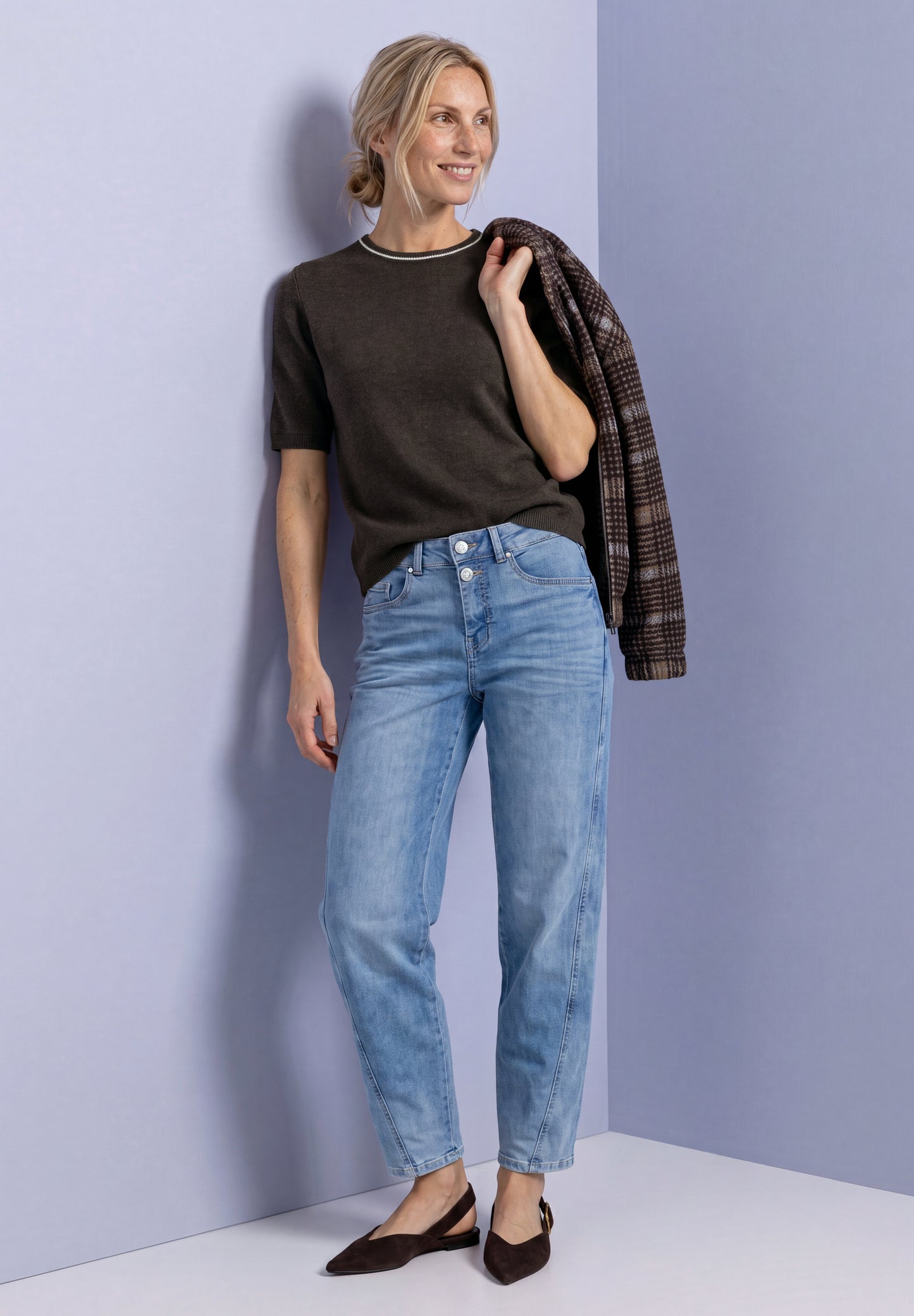 Street One - Kurzarm Pullover mit Kontrastdetail - Farbe: black coffee mel.