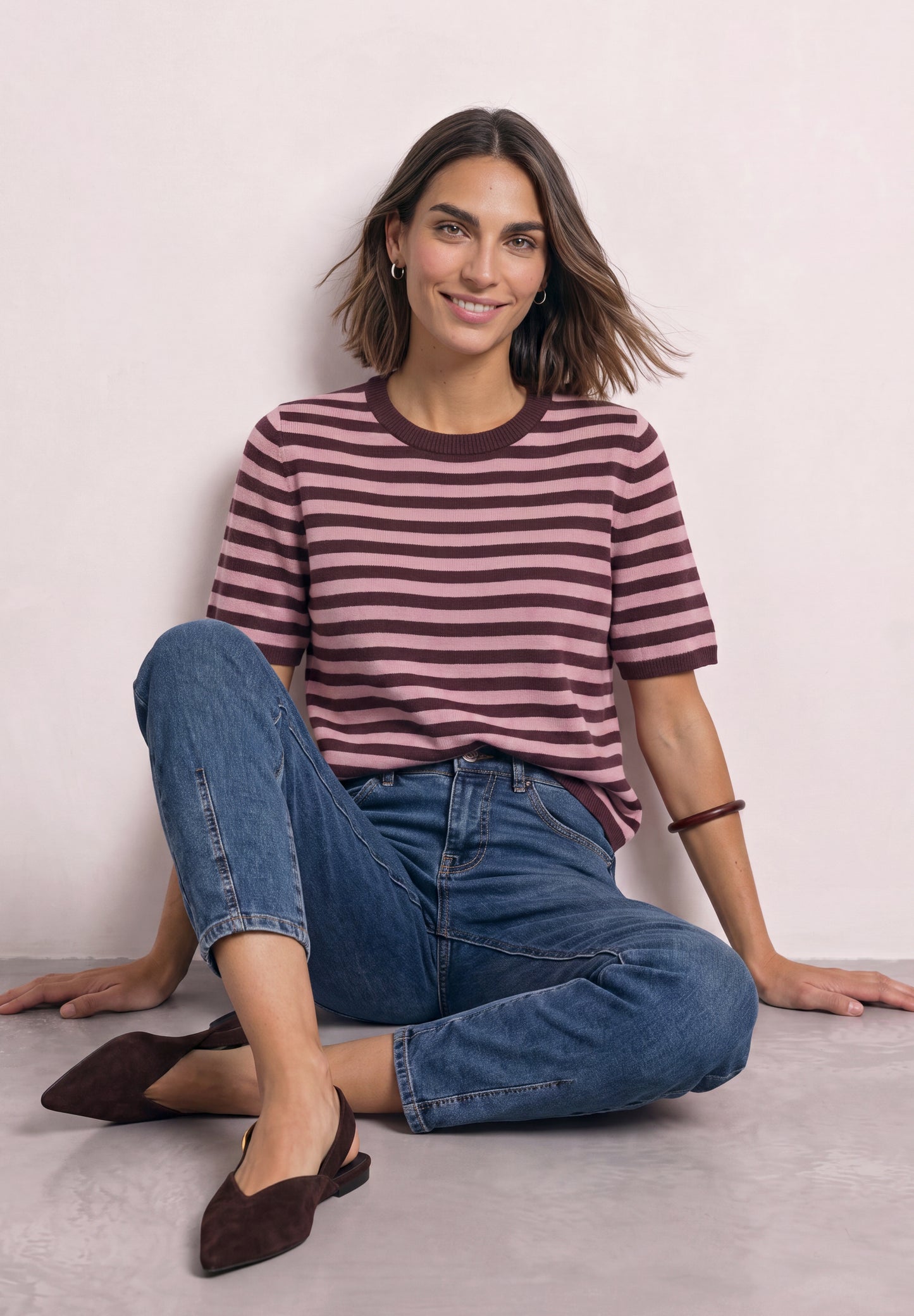 Street One - Kurzarm Pullover mit Rundhals und Streifen - Farbe: rustic rouge mel.