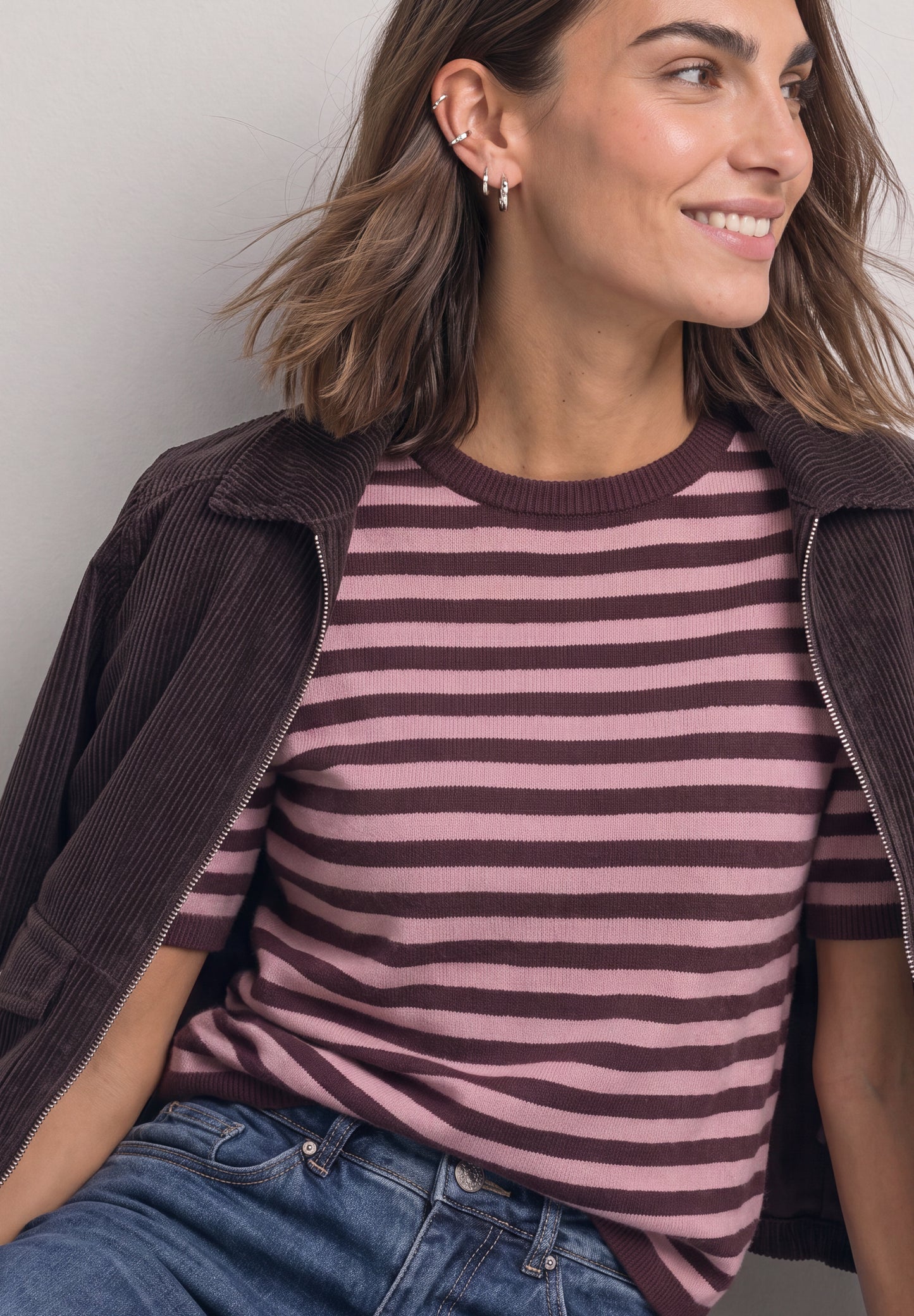 Street One - Kurzarm Pullover mit Rundhals und Streifen - Farbe: rustic rouge mel.